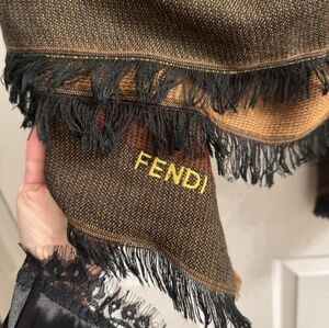 Vintage FENDI Oversized Wool Blend Shawl Wrap – Autumn Leaf Pattern Fringe Scarf